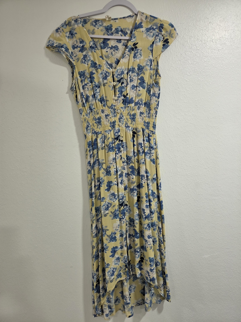 BeBop Yellow Dress with Blue Floral Print - High Low Midi